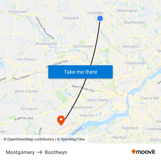 Montgomery to Boothwyn map