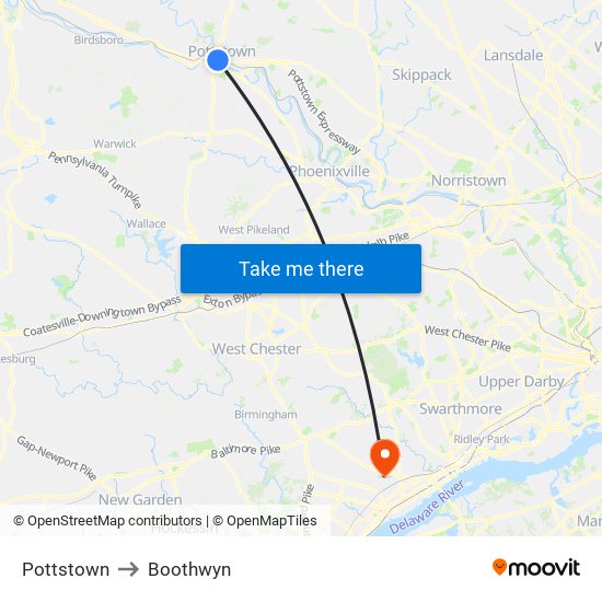 Pottstown to Boothwyn map