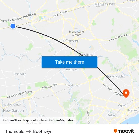 Thorndale to Boothwyn map