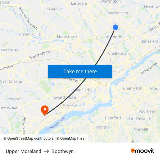 Upper Moreland to Boothwyn map