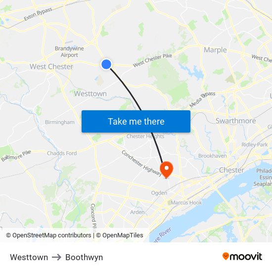 Westtown to Boothwyn map