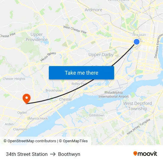 34th Street Station to Boothwyn map