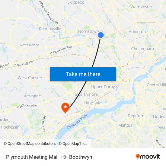 Plymouth Meeting Mall to Boothwyn map