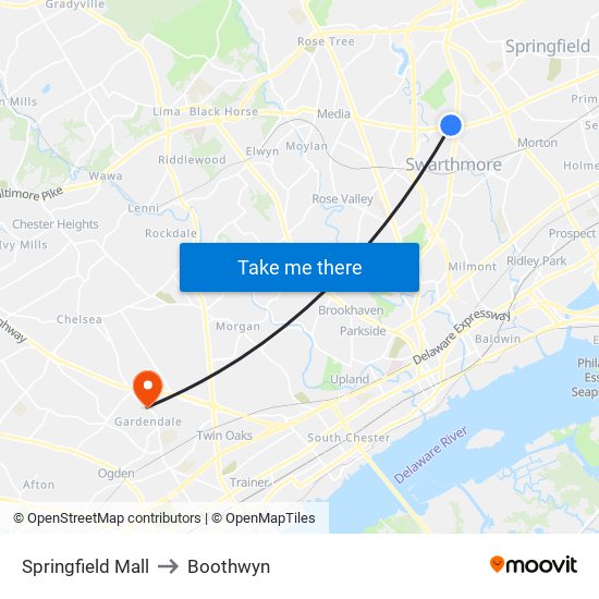 Springfield Mall to Boothwyn map