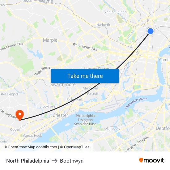 North Philadelphia to Boothwyn map