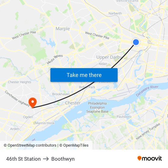 46th St Station to Boothwyn map