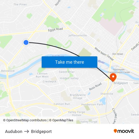 Audubon to Bridgeport map