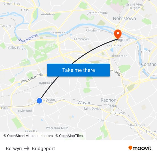 Berwyn to Bridgeport map