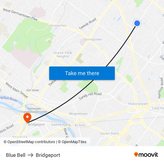 Blue Bell to Bridgeport map