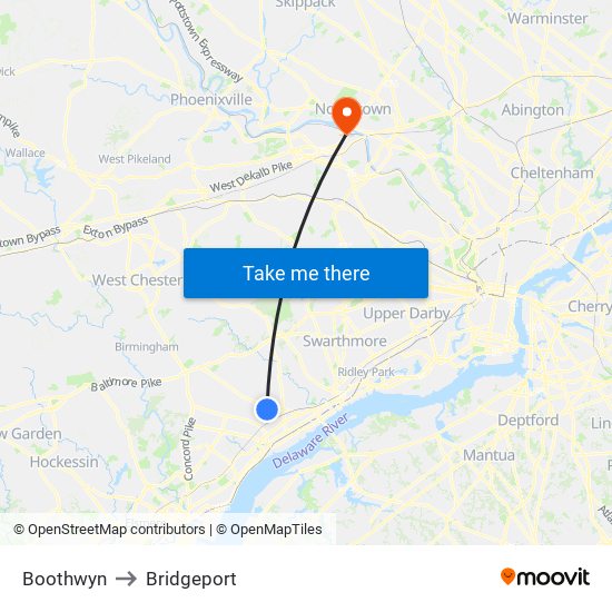 Boothwyn to Bridgeport map