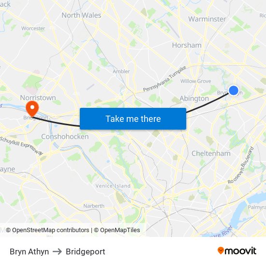 Bryn Athyn to Bridgeport map