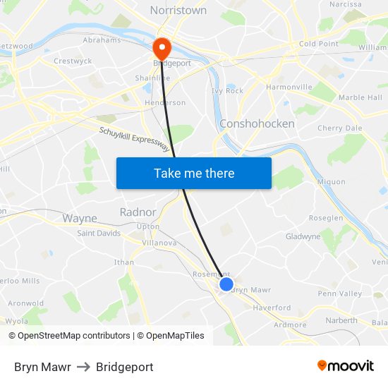 Bryn Mawr to Bridgeport map