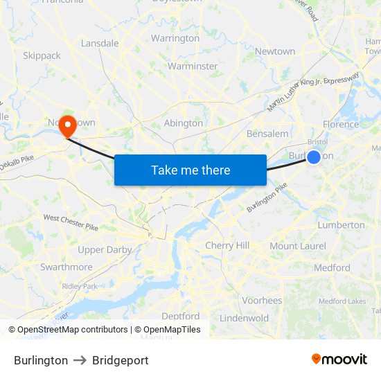 Burlington to Bridgeport map