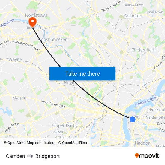Camden to Bridgeport map
