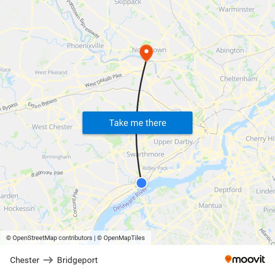 Chester to Bridgeport map