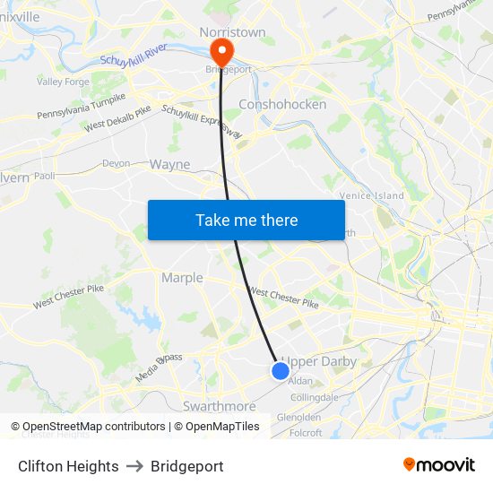 Clifton Heights to Bridgeport map