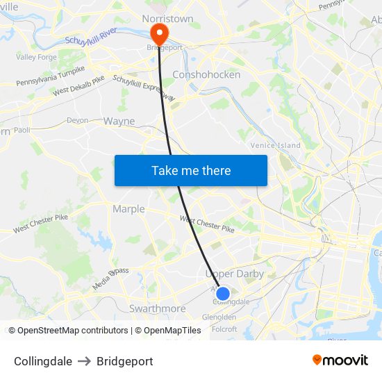 Collingdale to Bridgeport map