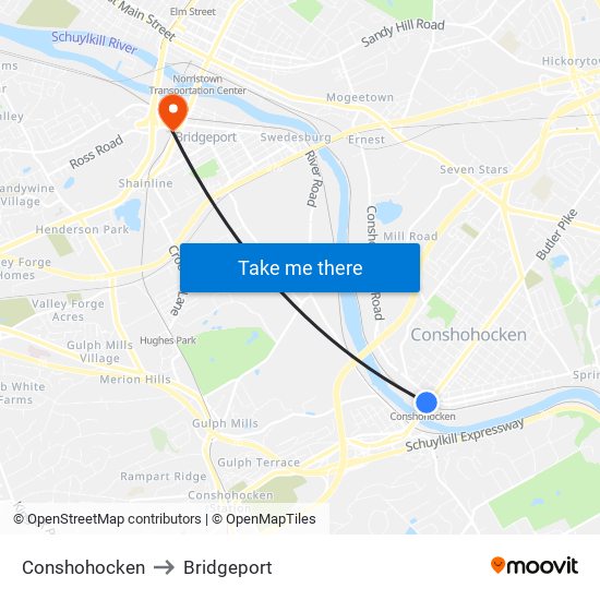 Conshohocken to Bridgeport map