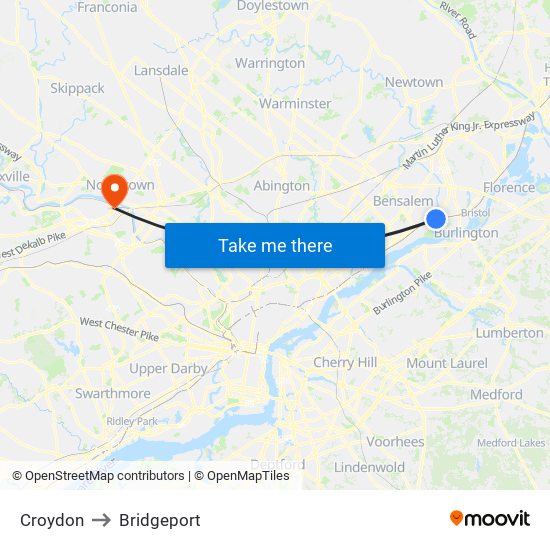 Croydon to Bridgeport map