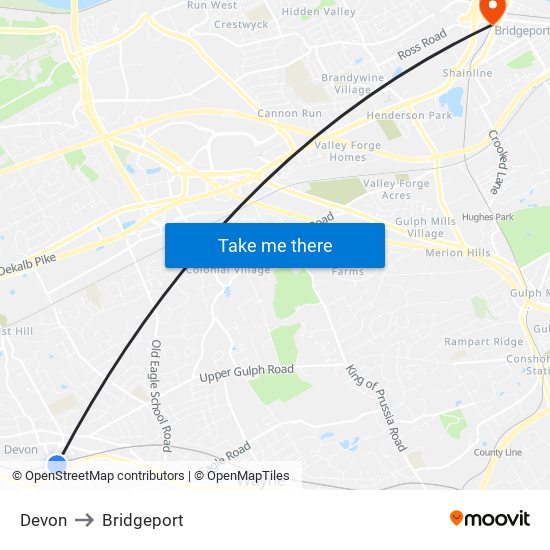 Devon to Bridgeport map