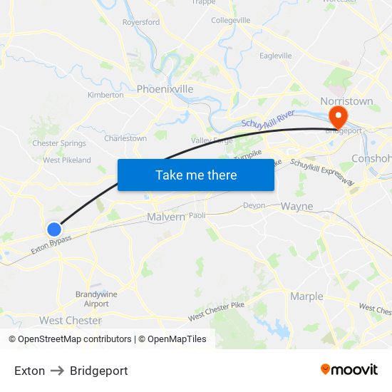 Exton to Bridgeport map
