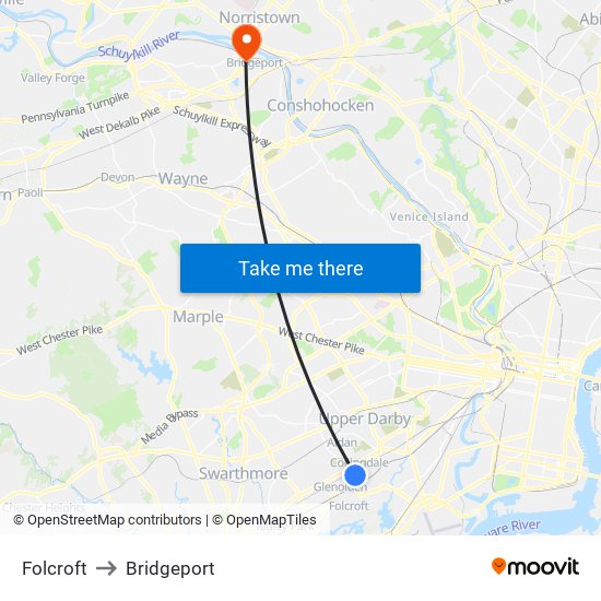 Folcroft to Bridgeport map