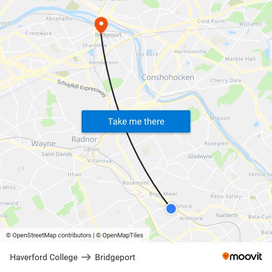 Haverford College to Bridgeport map