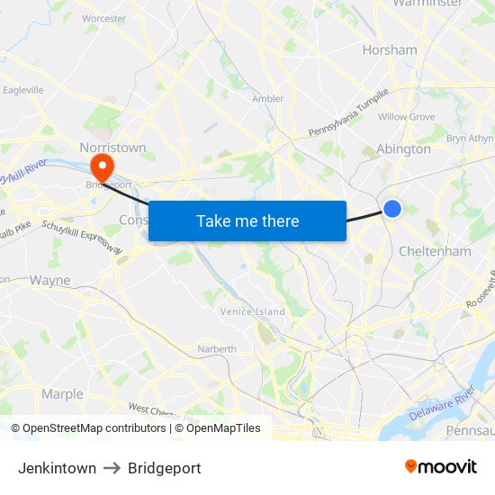 Jenkintown to Bridgeport map