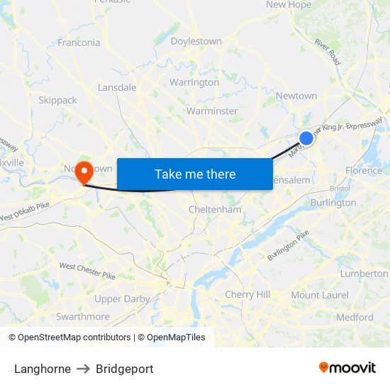 Langhorne to Bridgeport map