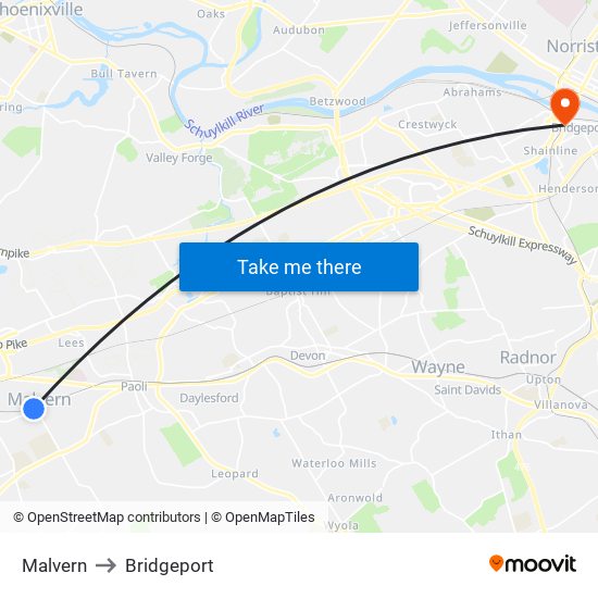Malvern to Bridgeport map