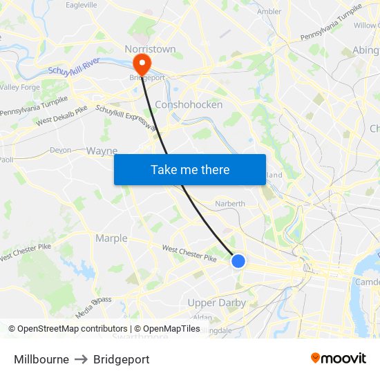 Millbourne to Bridgeport map