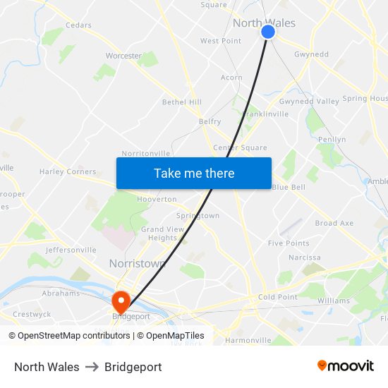 North Wales to Bridgeport map