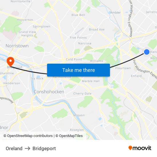 Oreland to Bridgeport map