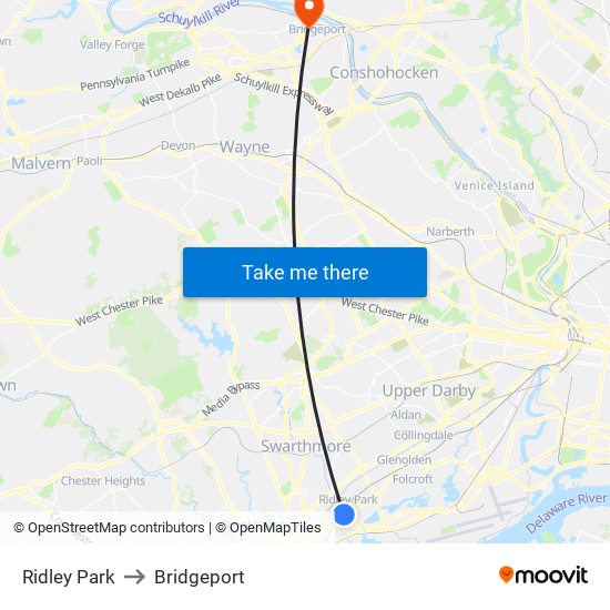 Ridley Park to Bridgeport map