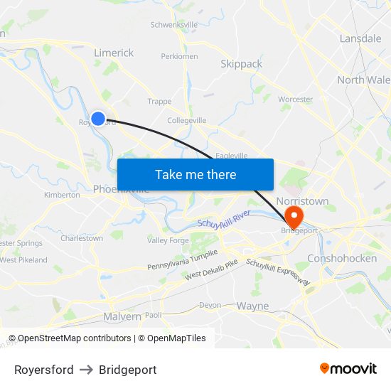 Royersford to Bridgeport map