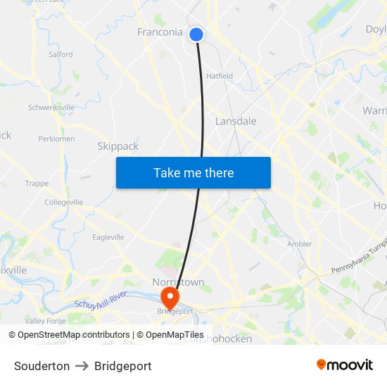 Souderton to Bridgeport map