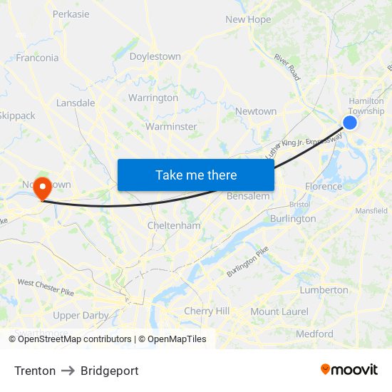 Trenton to Bridgeport map