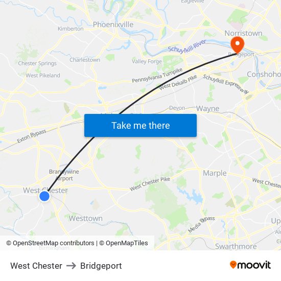 West Chester to Bridgeport map