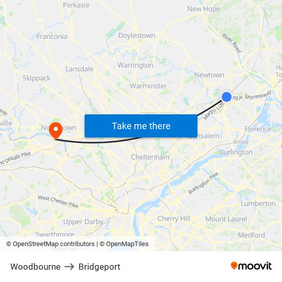 Woodbourne to Bridgeport map