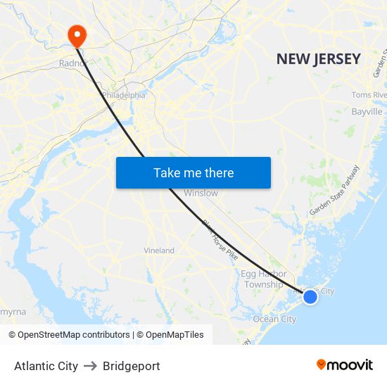 Atlantic City to Bridgeport map