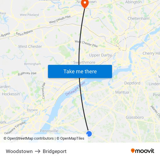 Woodstown to Bridgeport map