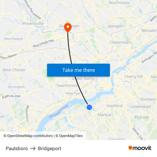 Paulsboro to Bridgeport map