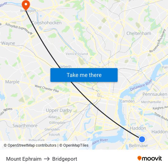 Mount Ephraim to Bridgeport map