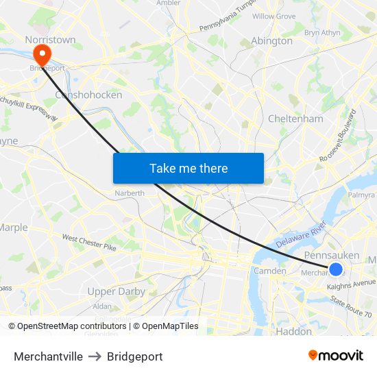 Merchantville to Bridgeport map