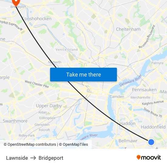 Lawnside to Bridgeport map