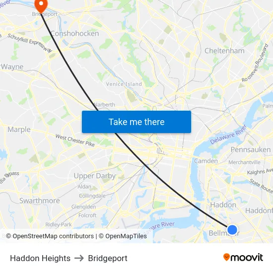 Haddon Heights to Bridgeport map