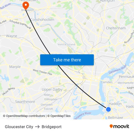 Gloucester City to Bridgeport map