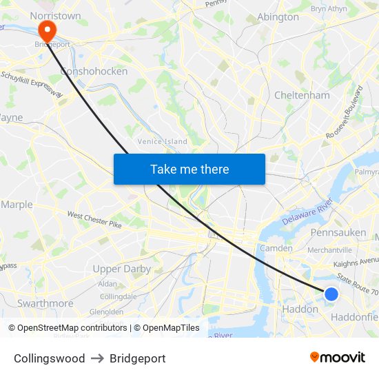 Collingswood to Bridgeport map