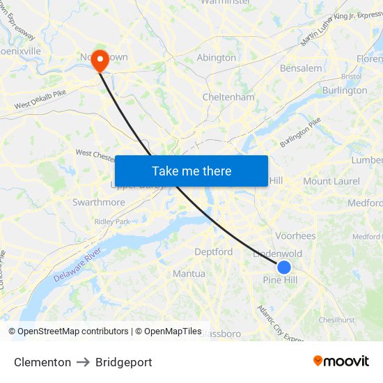 Clementon to Bridgeport map