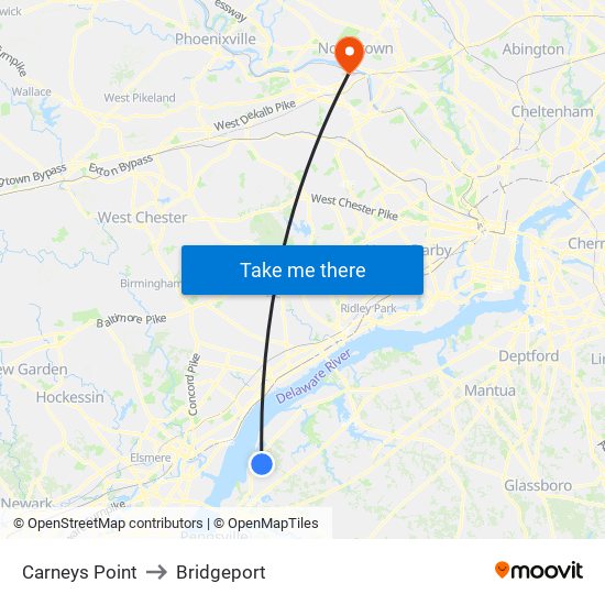 Carneys Point to Bridgeport map